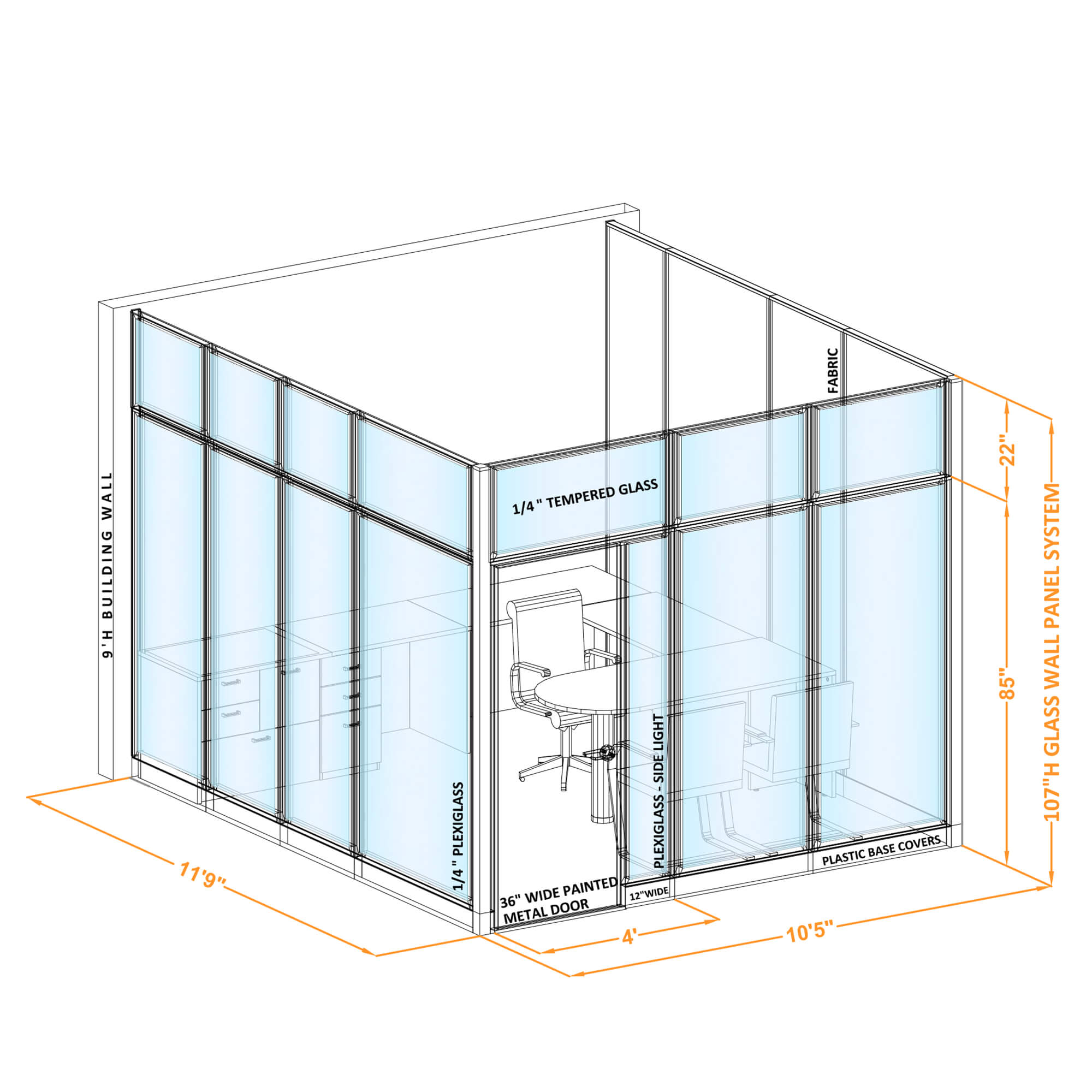 Modular glass office walls GWO U 100x116x1070