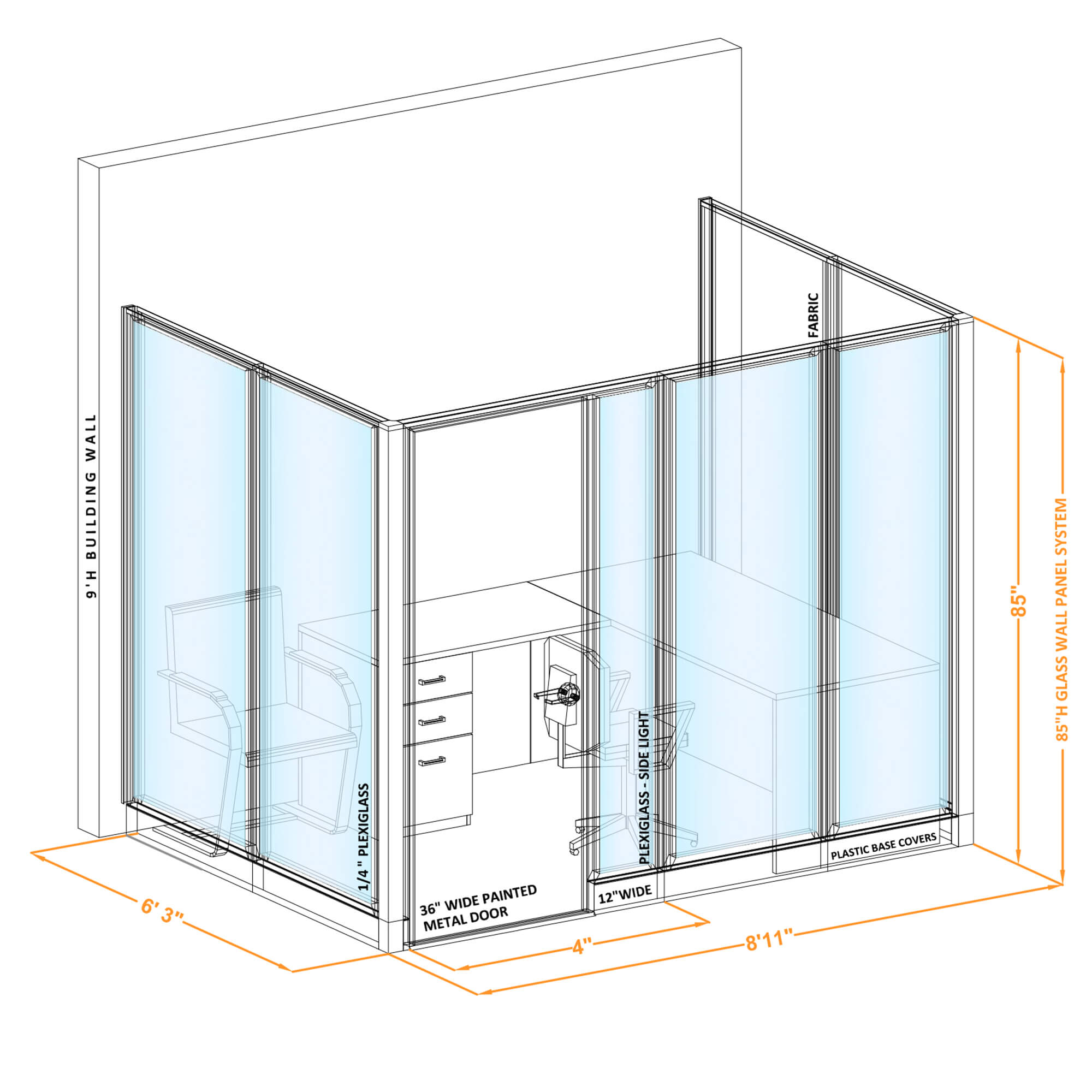 Modular glass office walls GWO U 86x60x850