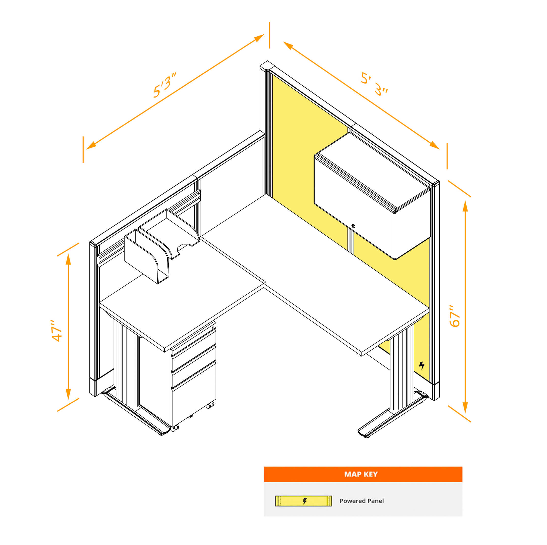 L shaped workstation integrated power with storage dimensions