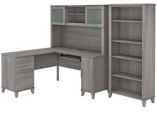 L shaped computer desk with 5 shelf bookcase 60 W highlight platinum gray