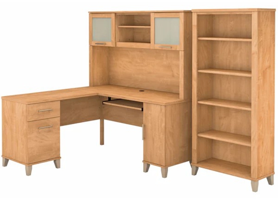 L shaped computer desk with 5 shelf bookcase 60W highlight maple cross