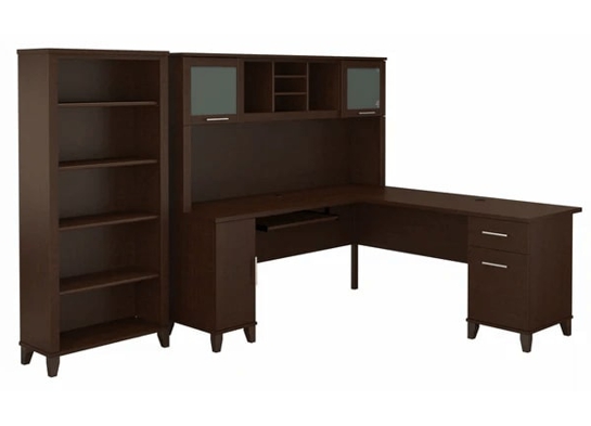 L shaped computer desk with 5 shelf bookcase 72 w highlight view mocha cherry L shaped computer desk with 5 shelf bookcase 72 w highlight view mocha cherry