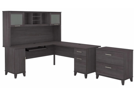 L shaped computer desk with traditional file cabinet 72 w highlight storm gray 1