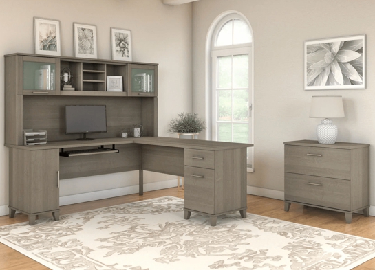 L shaped computer desk with traditional file cabinet 72 w space view ash gray 2