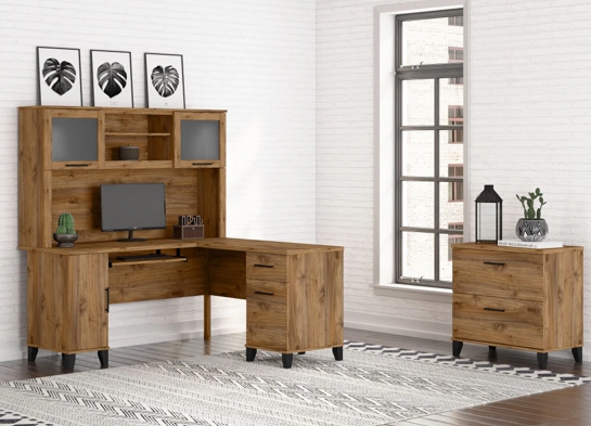 L shaped computer desk with traditional file cabinet 72 w space view fresh walnut 1