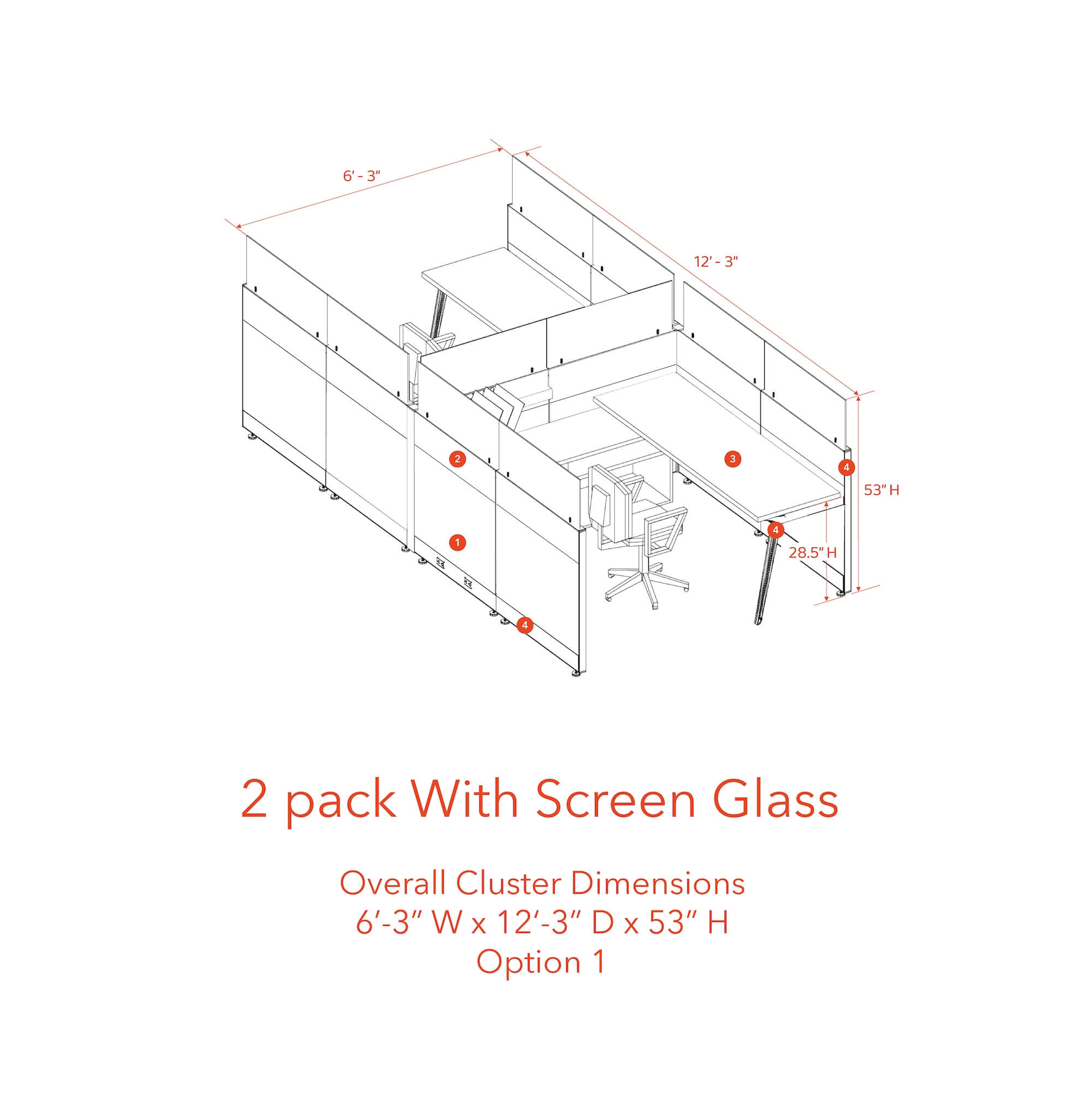 Modern cubicles tapered legs 2 pack with screen glass opt 1 53H