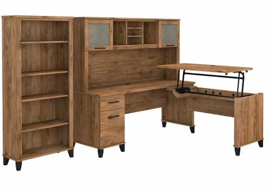 Modern office standing desk with 5 shelf bookcase highlight view fresh walnut