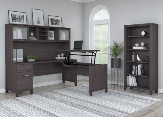 Modern office standing desk with 5 shelf bookcase space view storm gray