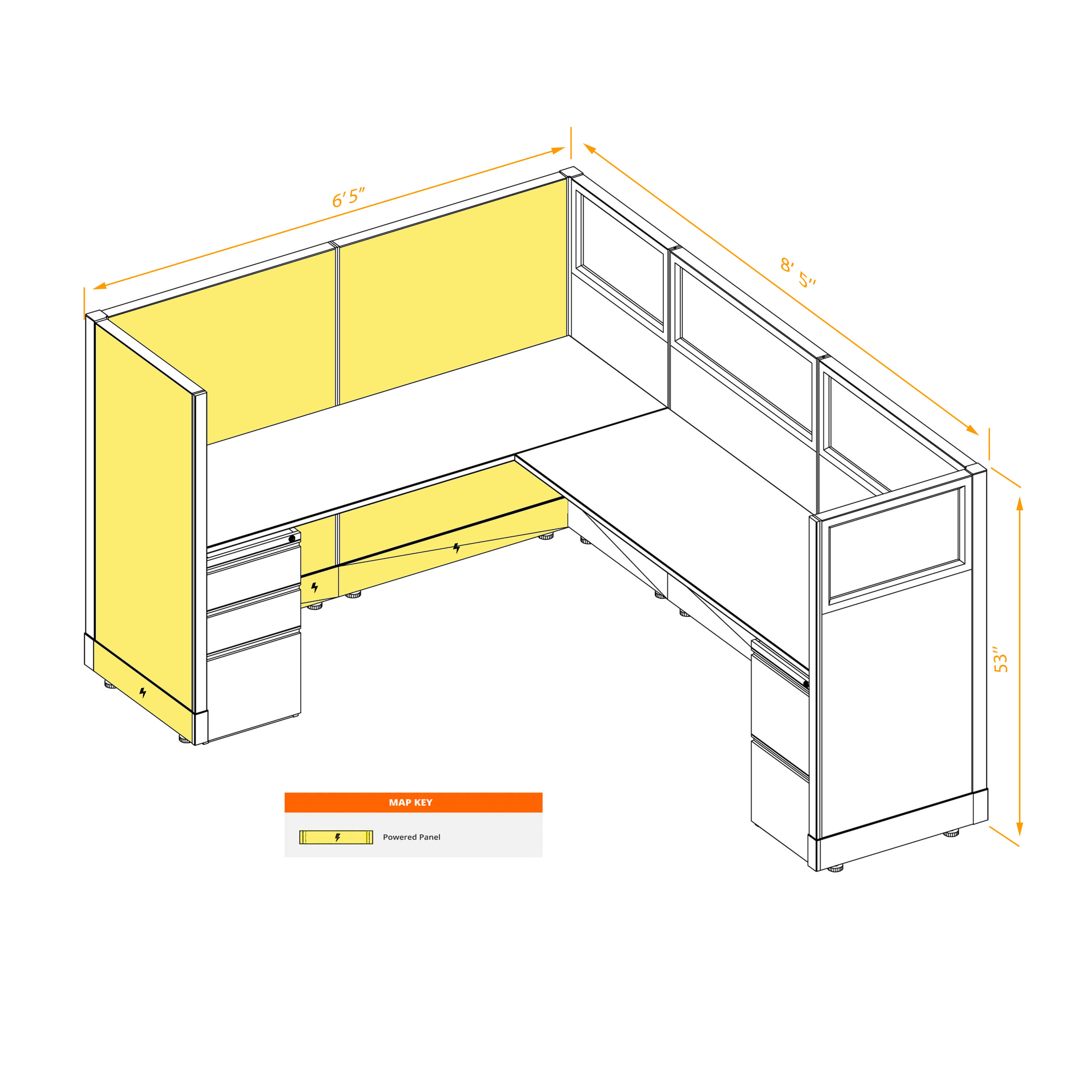 Modular furniture 53h with partial glass panels powered CUB 1 53 P 68 PGL ESP WH PSO2