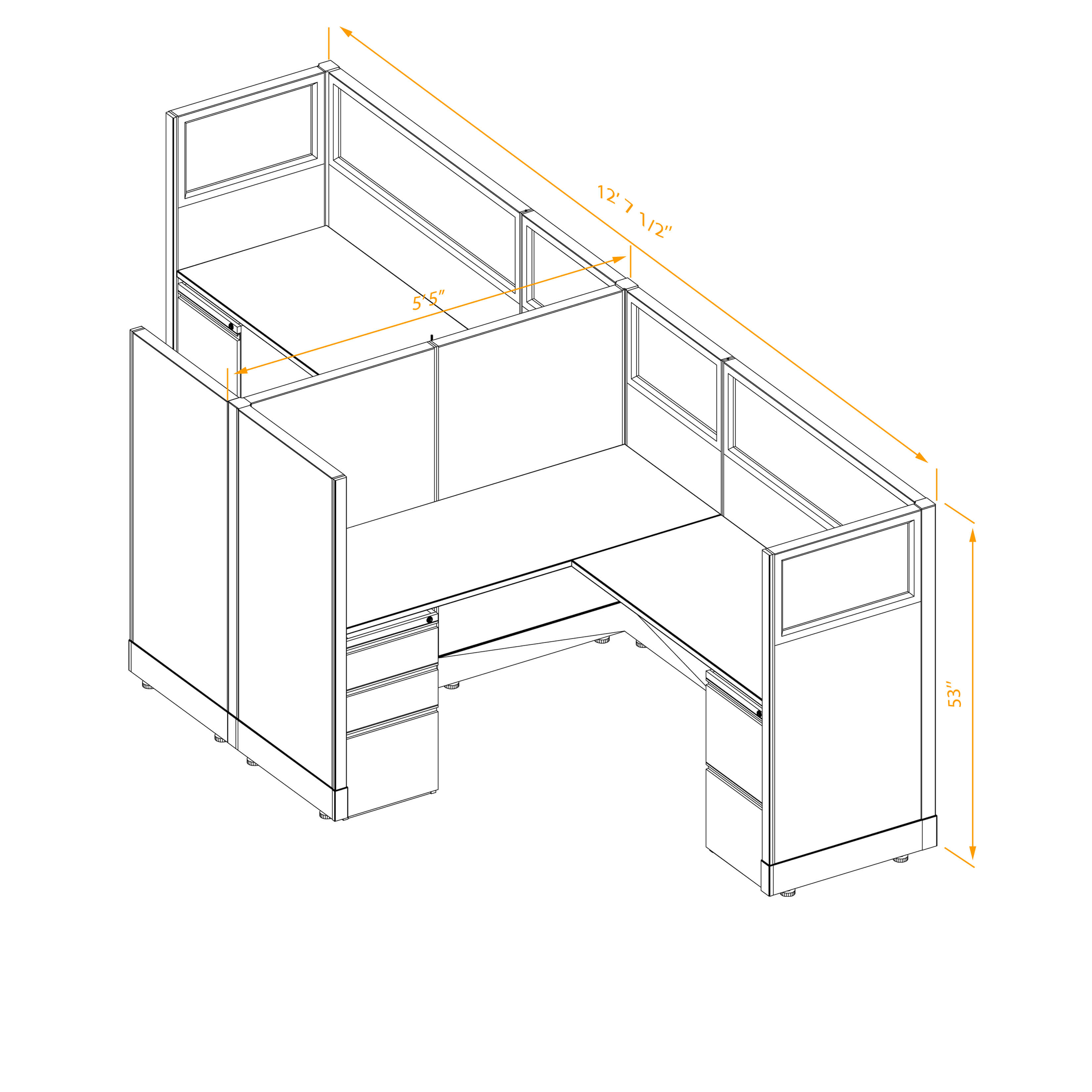 Office workstations 53h with partial glass panels unpowered CUB 2C 53 NP 56 PGL ESP WH PSO2