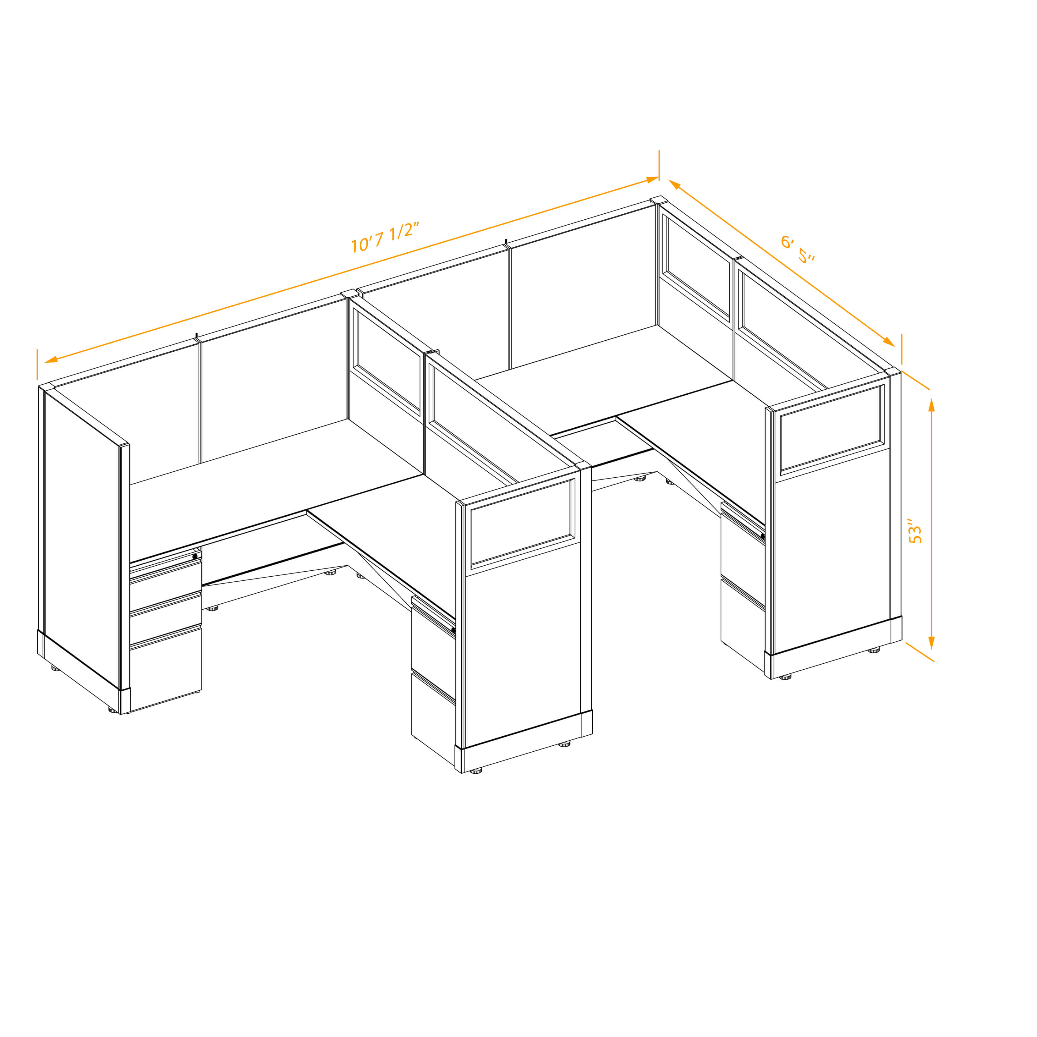 Office workstations 53h with partial glass panels unpowered CUB 2I 53 NP 56 PGL ESP WH PSO2