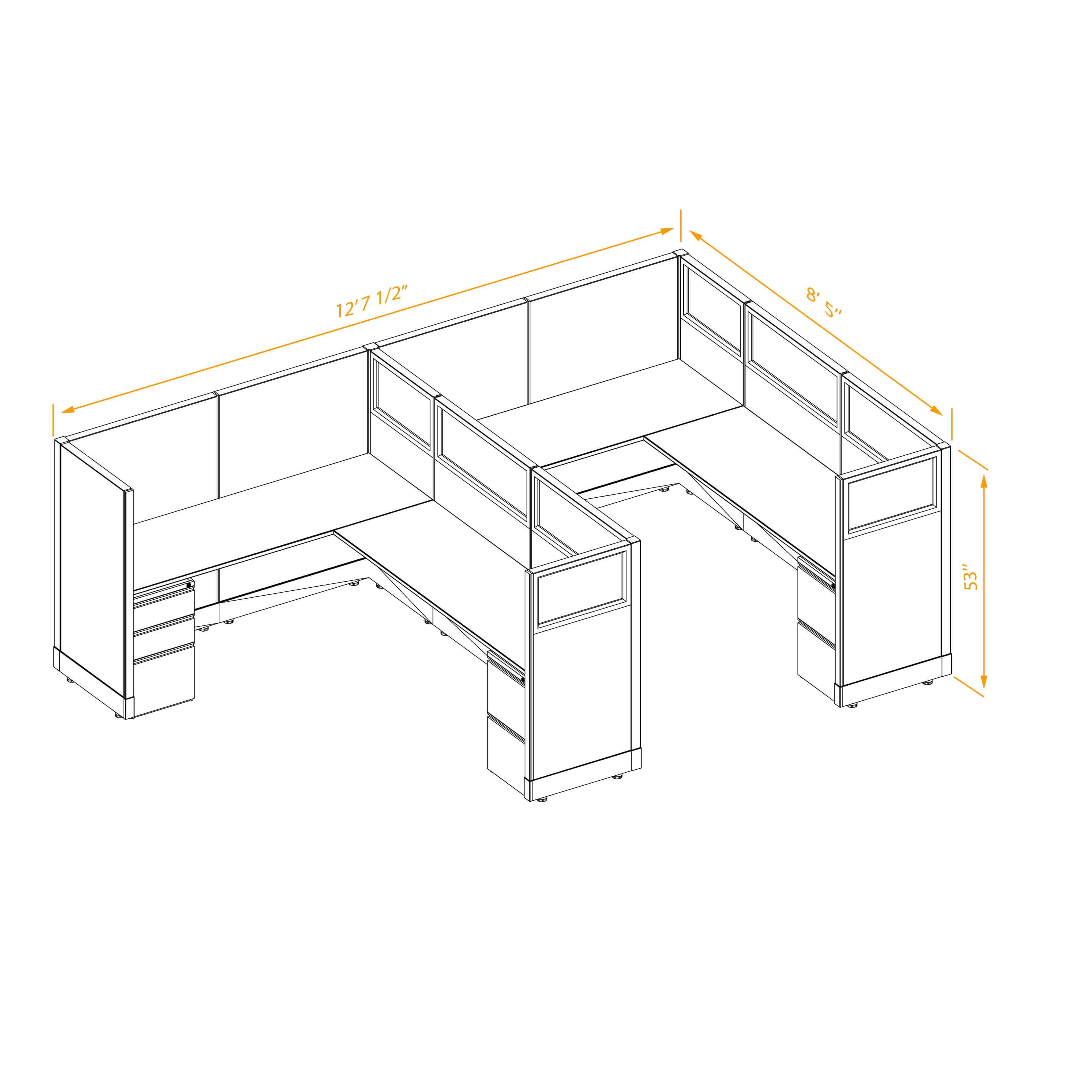 Office workstations 53h with partial glass panels unpowered CUB 2I 53 NP 68 PGL ESP WH PSO2