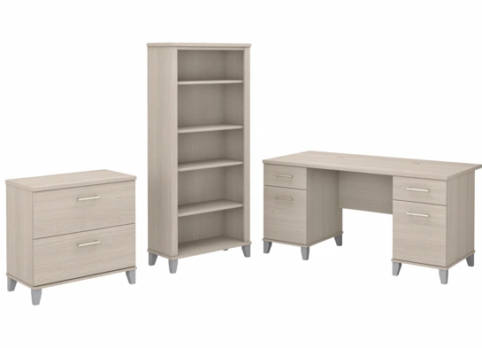 Office desk with 2 file drawers and 5 shelf bookcase highlight sand oak Office desk with 2 file drawers and 5 shelf bookcase highlight sand oak