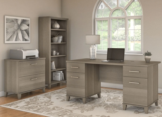 Office desk with 2 file drawers and 5 shelf bookcase space view ash gray Office desk with 2 file drawers and 5 shelf bookcase space view ash gray