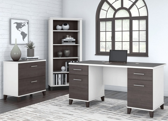 Office desk with 2 file drawers and 5 shelf bookcase space view storm gray white Office desk with 2 file drawers and 5 shelf bookcase space view storm gray white