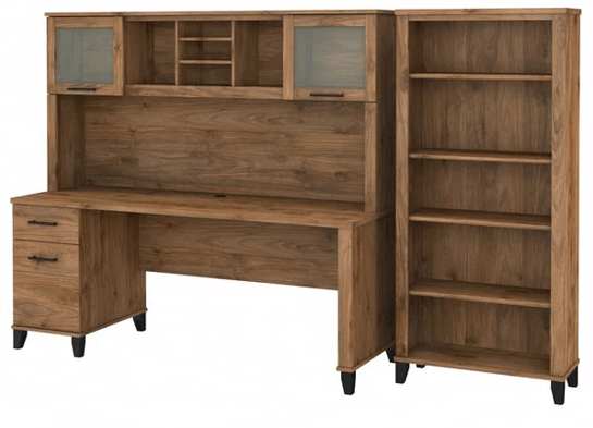 Office desk with hutch and 5 shelf bookcase highlight view fresh walnut 1 Office desk with hutch and 5 shelf bookcase highlight view fresh walnut 1