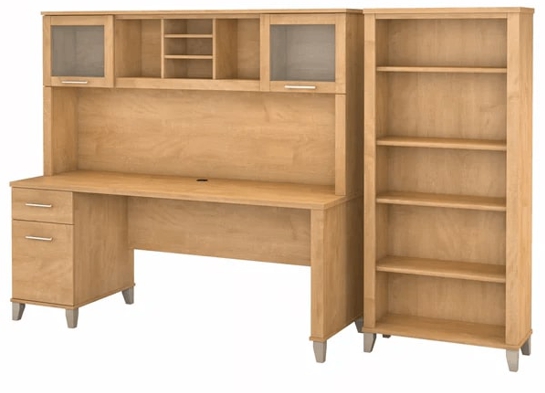 Office desk with hutch and 5 shelf bookcase highlight view maple cross 1 Office desk with hutch and 5 shelf bookcase highlight view maple cross 1