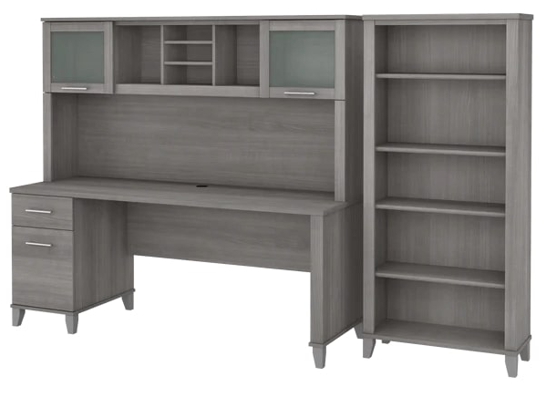 Office desk with hutch and 5 shelf bookcase highlight view platinum gray 1 Office desk with hutch and 5 shelf bookcase highlight view platinum gray 1