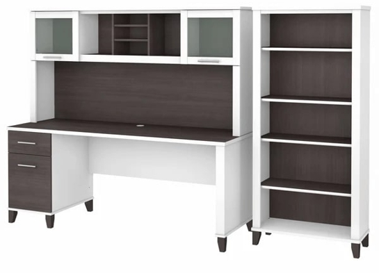 Office desk with hutch and 5 shelf bookcase highlight view storm gray white 1 Office desk with hutch and 5 shelf bookcase highlight view storm gray white 1