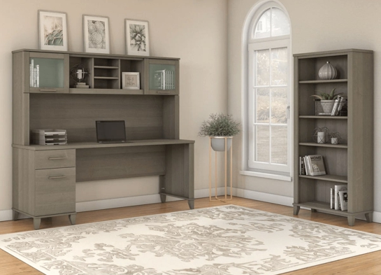 Office desk with hutch and 5 shelf bookcase space view ash gray 1 Office desk with hutch and 5 shelf bookcase space view ash gray 1
