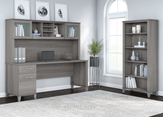 Office desk with hutch and 5 shelf bookcase space view platinum gray 1 Office desk with hutch and 5 shelf bookcase space view platinum gray 1
