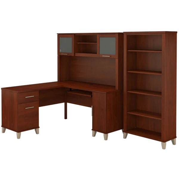 L shaped computer desk with 5 shelf bookcase 60W highlight hansen cherry