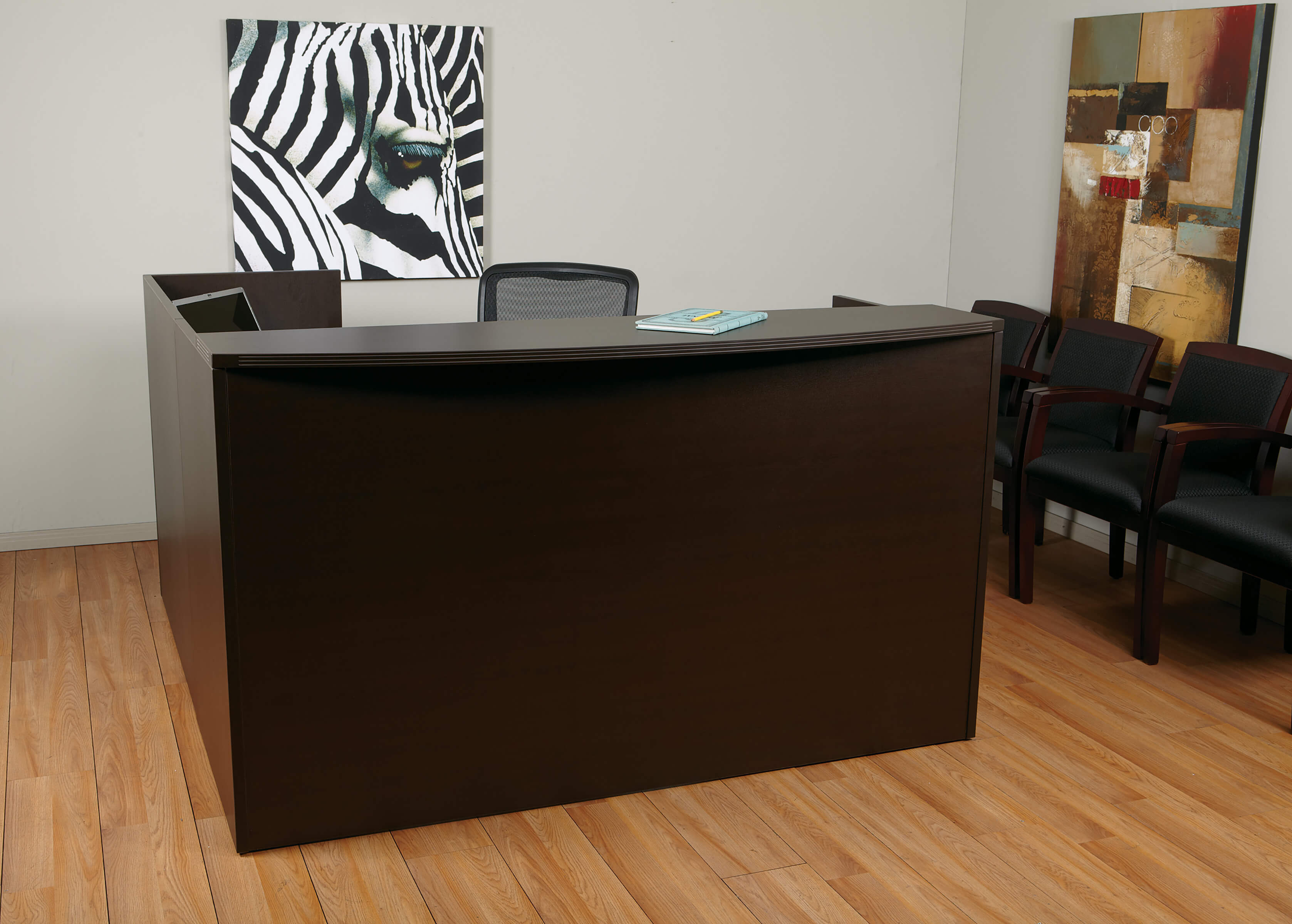 Office reception desk straight reception desk contemporary office reception desk espresso space view 1