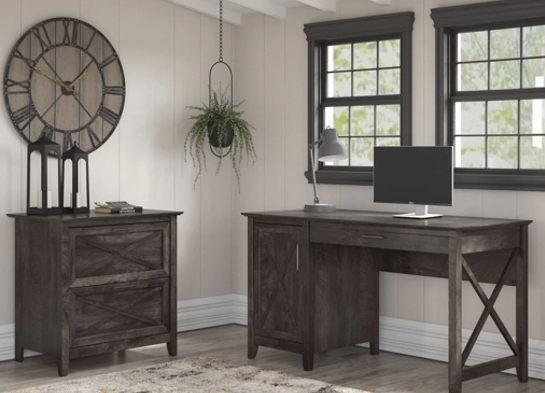 Rustic style desk with drawer lateral file cabinet space view dark gray hickory