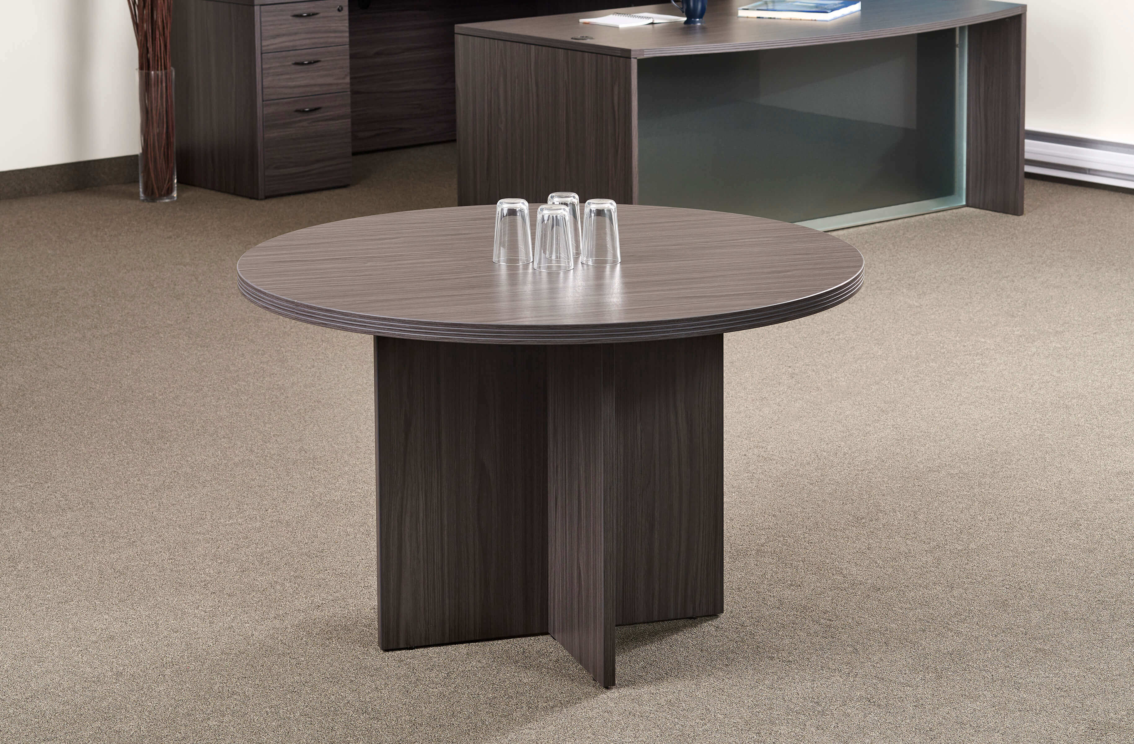 Conference room tables meeting tables contemporary round table slate grey space view 1 1