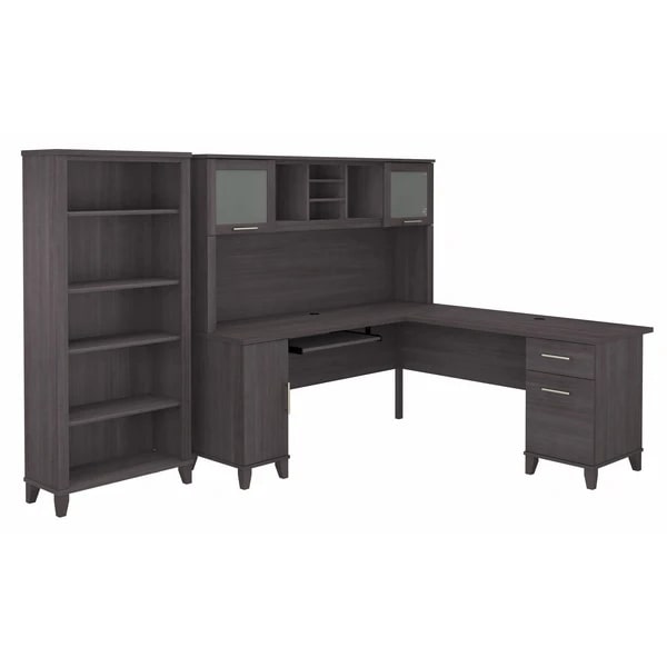 L shaped computer desk with 5 shelf bookcase 72 w highlight storm gray