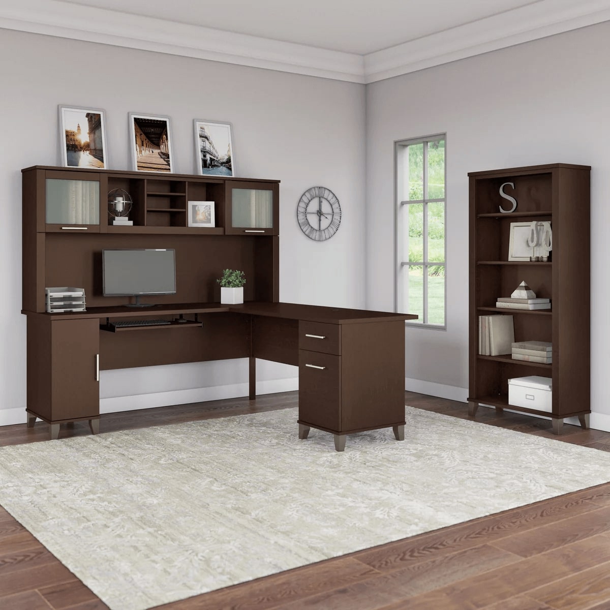 L shaped computer desk with 5 shelf bookcase 72 w space view mocha cherry