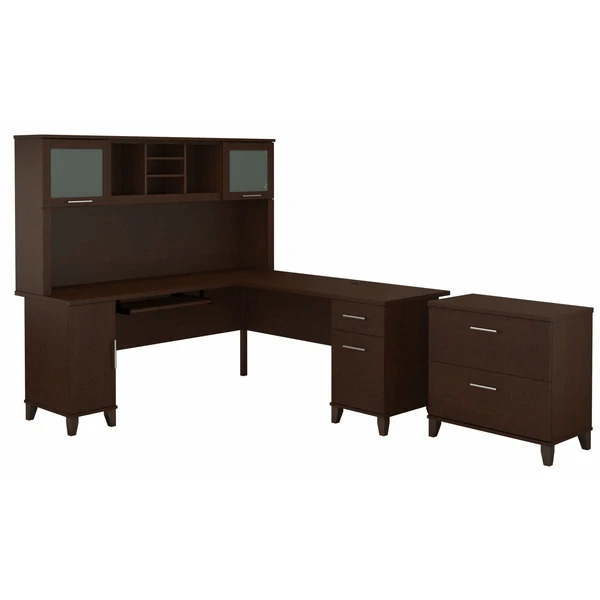 L shaped computer desk with traditional file cabinet 72 w highlight mocha cherry 1