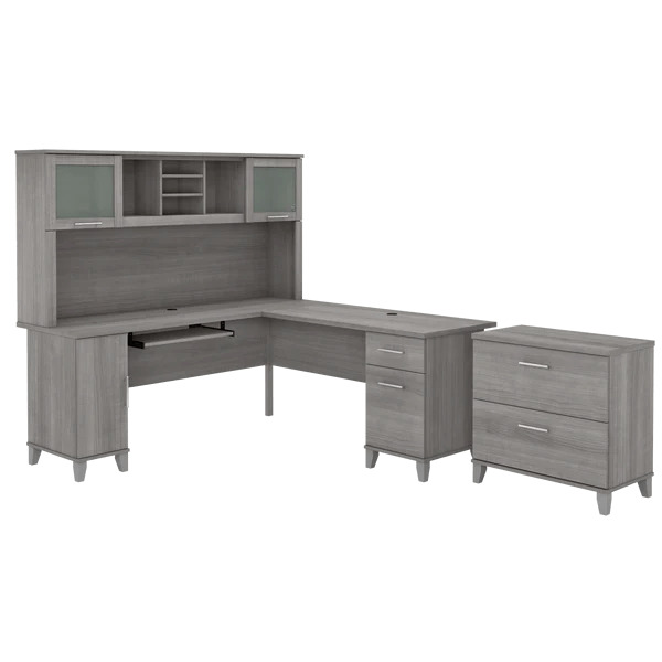 L shaped computer desk with traditional file cabinet 72 w platinum gray 1