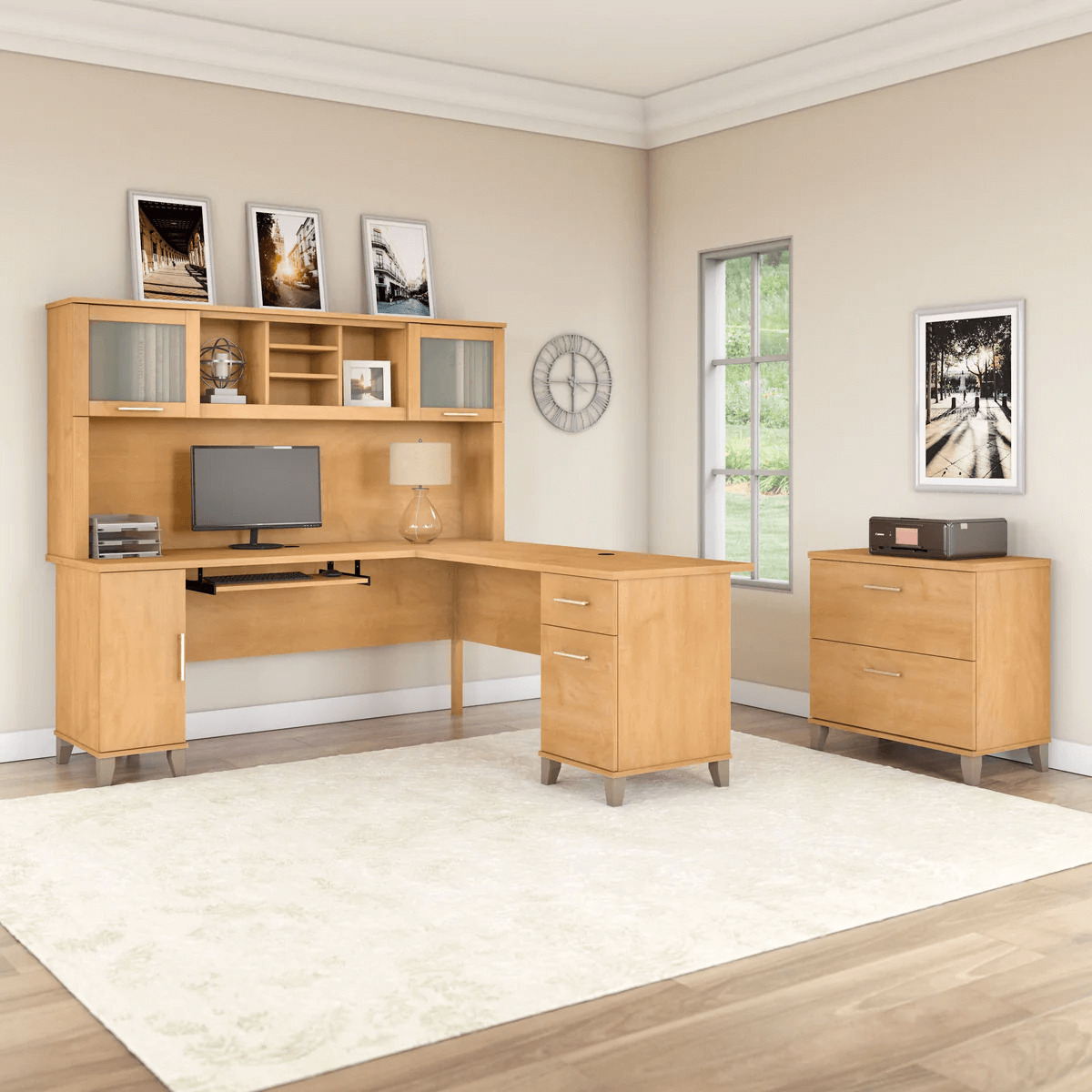 L shaped computer desk with traditional file cabinet 72 w space view maple cross 1