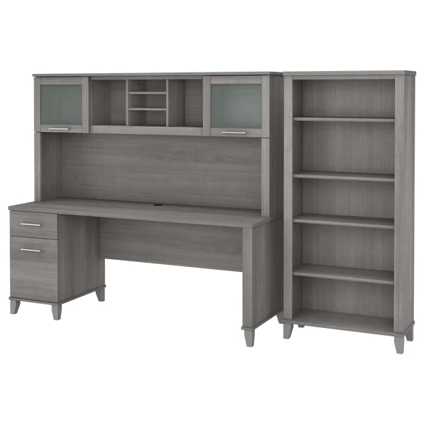 Office desk with hutch and 5 shelf bookcase highlight view platinum gray 1