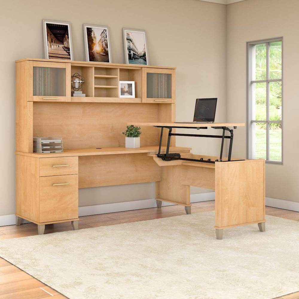 Sit and stand desk sit and stand corner desk computer desk with standing option maple cross space view