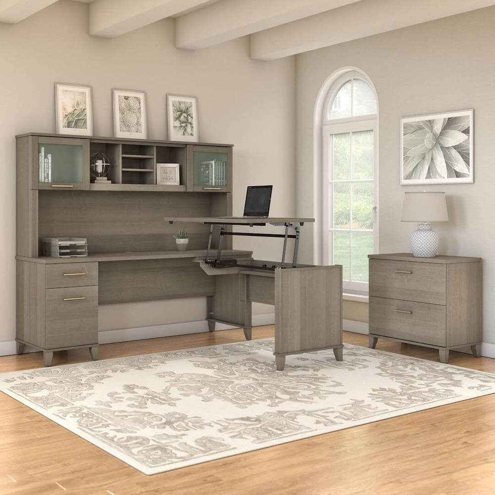 Sit and stand desk sit and stand corner desk standing desk with storage ash gray space view