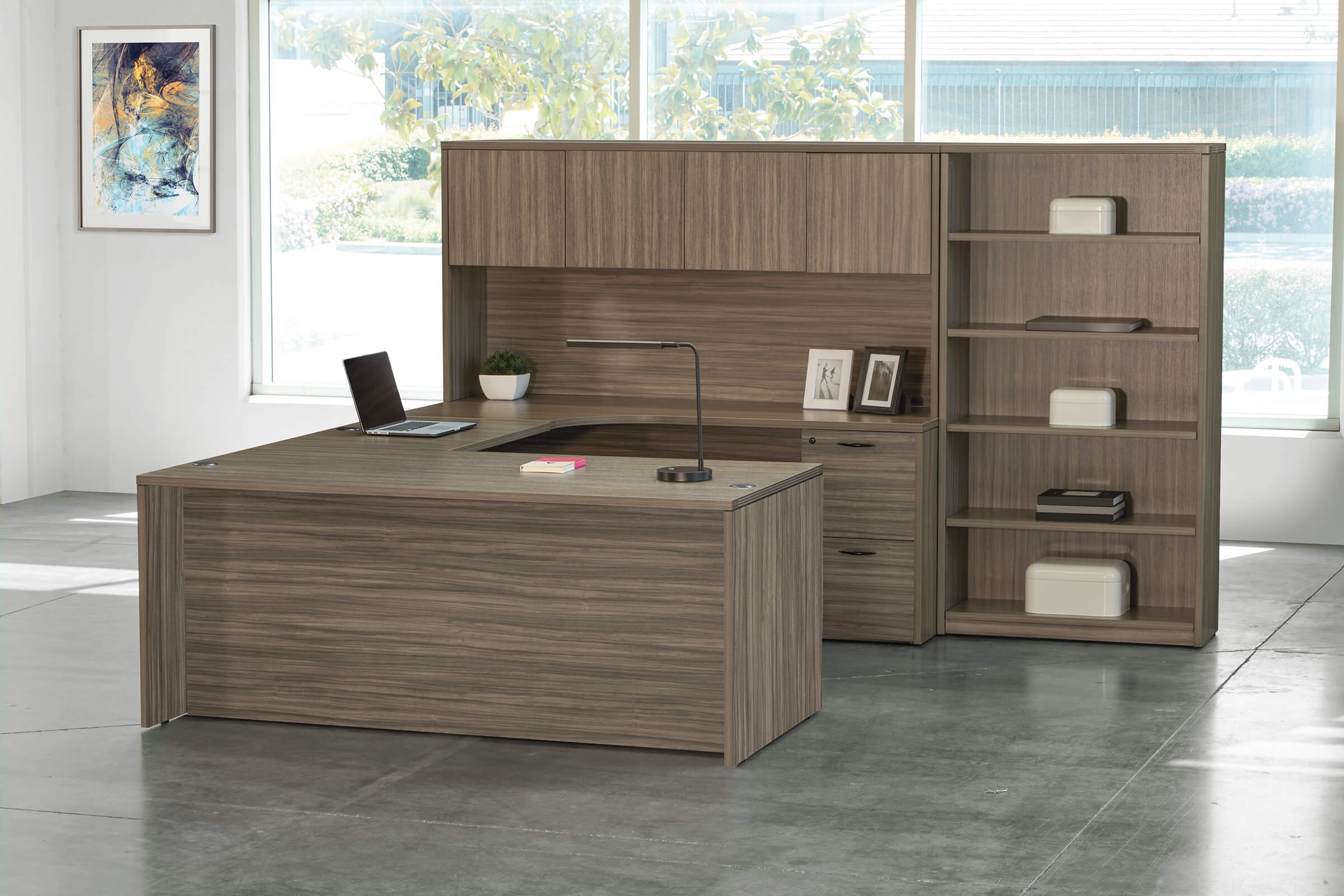 U shaped desk u shaped desk with hutch contemporary u shaped office desk urban walnut space view left