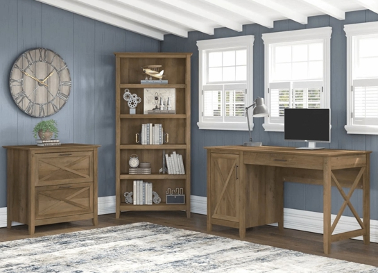 West style desk with drawer file cabinet and 5 shelf bookcase space view reclaimed pine