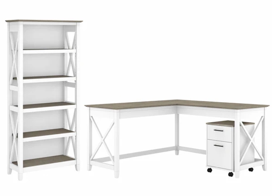 Western l shaped desk with 5 shelf wooden bookcase highlight shiplap gray pure white 1 Western l shaped desk with 5 shelf wooden bookcase highlight shiplap gray pure white 1
