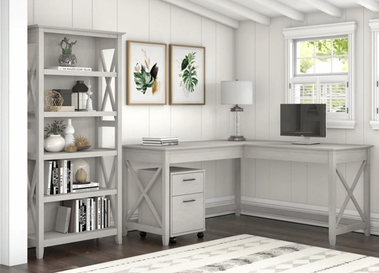 Western l shaped desk with 5 shelf wooden bookcase space view linen white oak Western l shaped desk with 5 shelf wooden bookcase space view linen white oak